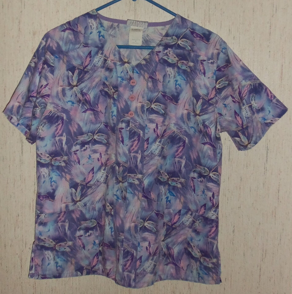 WOMENS White Swan &quot;Dragonflies&quot; PURPLE NOVELTY PRINT SCRUBS TOP  SIZE S - $18.65