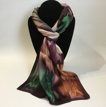 Hand Painted Silk Scarf Purple Green Amber Rectangle Womens Head Neck Ne... - £44.24 GBP