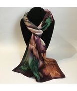 Hand Painted Silk Scarf Purple Green Amber Rectangle Womens Head Neck Ne... - £45.46 GBP