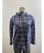 Bluenotes Boyfriend Fit Button Up Hooded Shirt Size Medium Blue Pink Pla... - £10.89 GBP