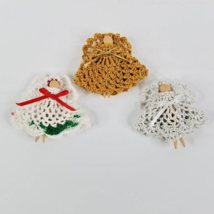 Lot 3 Hand Crochet 3&quot; Angels Christmas Ornaments Pins Wood Clothespins Handmade - £8.03 GBP