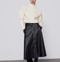 ZARA. BLACK CAPE FAUX LEATHER MIDI SKIRT GOLD BUTTONS. 3046/311 - £39.12 GBP