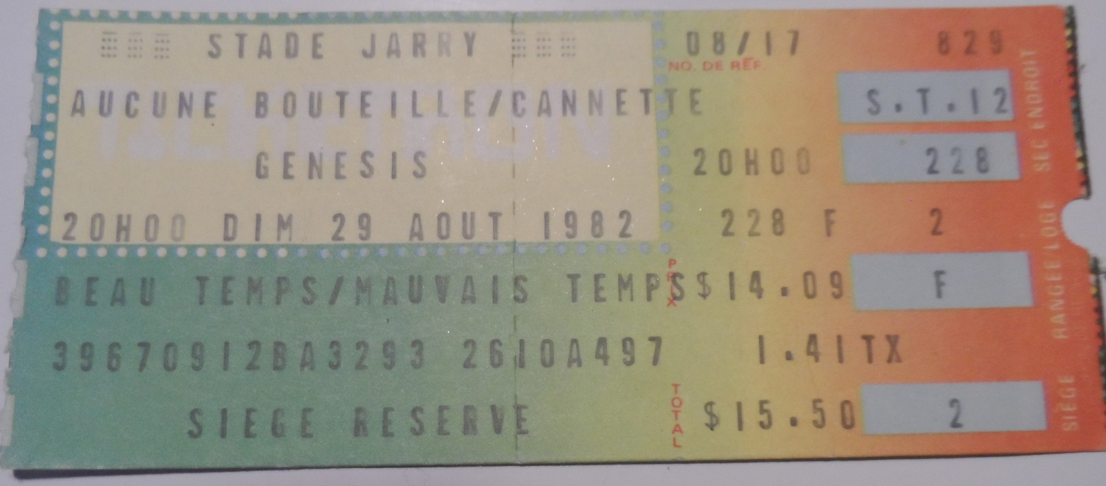  GENESIS Original JARRY PARK STADE Montreal Ticket Stub 1982 NM Collins ... - $18.75