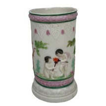 Antique Victorian English Relief Molded Vase Cylinder Cherubs Angels Putti 4-1/2 - £48.58 GBP