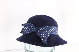 Vintage 30s 40s Felt Wool Polka Dot Bowtie Bucket Hat Cap Navy Blue USA Womens - £46.75 GBP