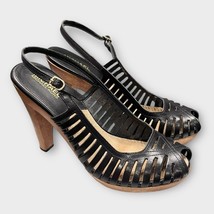 MICHAEL KORS Black Leather Open Toe Cage Slingbacks Wood Heels Size 9 - €38,24 EUR