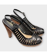 MICHAEL KORS Black Leather Open Toe Cage Slingbacks Wood Heels Size 9 - $45.00