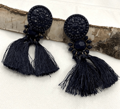 Black Beaded Fringe Tassel Fashion Earrings NEW Boho Cottage Gypsy Southwestern - £7.56 GBP