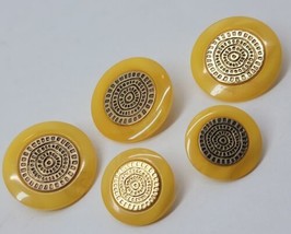 5 Vintage Yellow Swirl &amp; Etched Gold Button Estate Lot Circle Pattern Tribal - £15.42 GBP