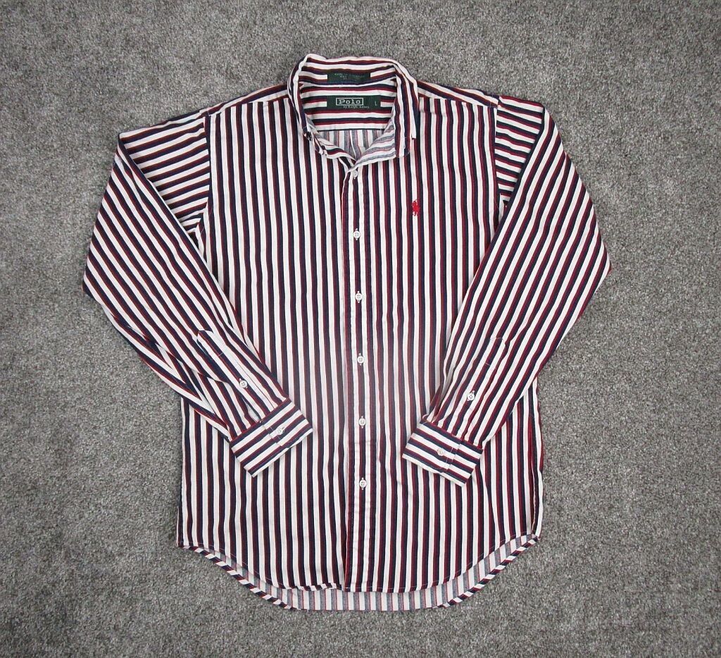 Polo Ralph Lauren Shirt Men Large Red White Blue Striped Red Small Pony Classic - £19.86 GBP