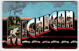 Greetings From Michigan Large Letter Postcard Linen Unused 1940 Automobiles Cars - £8.56 GBP