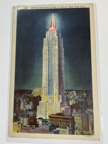 Primary image for Postcard Empire State Building at Night NYC Color Linen White Border 1942 Posted
