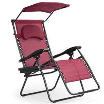 Folding Recliner Lounge Chair with Canopy  and Cup Holder-Wine - £70.58 GBP