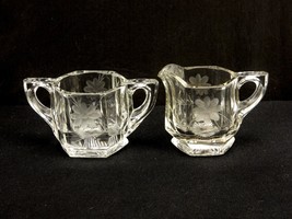 Hexagon Creamer and Sugar Bowl Set, Etched Floral, Heavy Vintage Glass, ... - $14.65