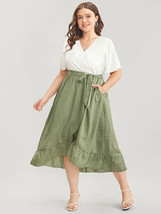 Bloomchic Polka Dot Belted Faux Wrap Ruffle Trim Dress Pockets Green White 28 - £19.19 GBP
