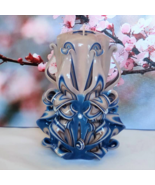 Carved Candles Home Decor Handmade Art Design Gift Handcarved Blue Cream New - $52.05 CAD