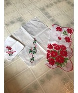 Vintage Handkerchiefs Lot of 3 Red embroidered Pointsetta Candle Holly O... - £16.07 GBP