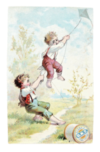 Victorian Trade Card 1880&#39;s Clark&#39;s Spool Cotton Boys Flying A Kite Carr... - £9.32 GBP
