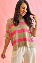 Pink Stripe Colorblock Short Sleeve Crew Neck Lightweight Sweater - $269.05 MXN