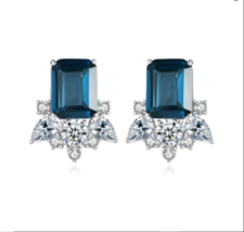 5Ct Simulated Emerald Blue Topaz Vintage Stud Earrings 14K White Gold Plated - £76.14 GBP