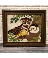 Vtg Cross Stitch Owl &amp; Baby Handmade custom Framed Art 18” x 16” groovy ... - £36.39 GBP