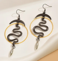 Boho Style - Moon &amp; Snake Dangle Earrings - Light Weight - Statement Earrings - £7.98 GBP