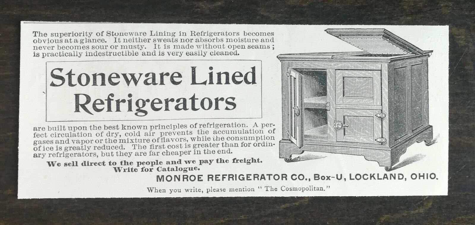 Primary image for Vintage 1895 Stoneware Lined Refrigerators Monroe Refrigerator Original Ad 1021