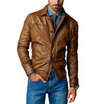 Men&#39;s Brown Bomber Genuine Leather Lambskin Biker Jacket Handmade Stylish Party - £82.74 GBP+