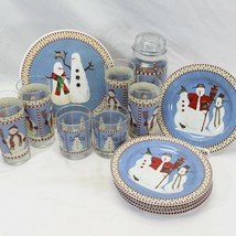 Sakura Snowman Dessert Plates Trivet Glasses Storage Jar Lot of 13 - $48.99