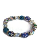 Glass Aqua Blue Beads Floral Lampwork Bracelet - £11.63 GBP