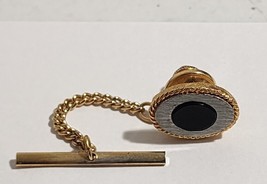 Vintage Tie Tack / Tie Pin MCM Oval Gold Tone / Textured Silver Tone Black Onyx - £7.46 GBP