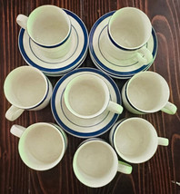 Farberware Bistro Blue Coffee Cups + Saucers (16 PC ) Stoneware Blue Stripe - £30.66 GBP