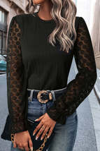 Black Sheer Lace Flounce Sleeve Ribbed Knit Top - £13.65 GBP+