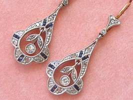 Antique Art Deco .27ctw Diamond Sapphire Platinum 18K Small Dangle Earrings 1920 - £980.86 GBP