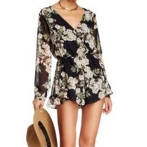 ASTR black floral print boho long sleeve surplice front shorts romper si... - $28.06