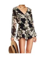 ASTR black floral print boho long sleeve surplice front shorts romper si... - $28.06