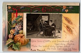 Thanksgiving Day Postcard Women At Spinning Wheel Cat Winsch Back 1909 Germany - £9.45 GBP