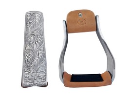 Horse Saddle Angled Offset Stirrups Engraved Aluminum Western Leather 51194 - $52.46