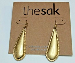The Sak Gold Tone French Wire Dangle Earrings Gold Teardrop Dotted Edge - £15.42 GBP