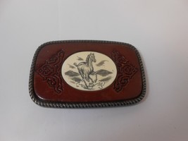 Vintage Belt Buckle Leather with Plastic Etched horse in the center 682 - $18.70