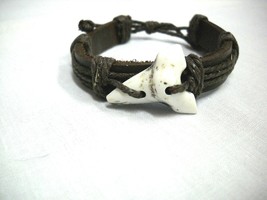 Thick Brown Leather With White Resin Shark Tooth Adj Cord Bracelet Jaws Surf - £3.98 GBP