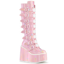 DEMONIA SWING-815 Wedge Platform Goth Pink Holographic Women Knee High Boots - £114.24 GBP
