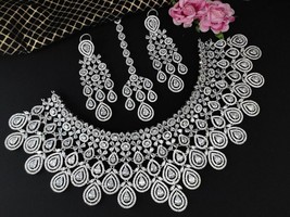 Bollywood Style 925 Silver Plated CZ Indian Necklace Earrings Tikka Jewelry Set - £223.33 GBP