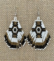 Handmade Miyuki Seed-Bead Fringe Dangling Earrings White Black Gold NWT - $25.00