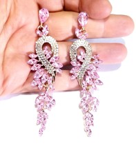 Chandelier CLIP On Earrings, Rhinestone Pink Earrings, Dangle Crystal Earrings,  - £27.73 GBP