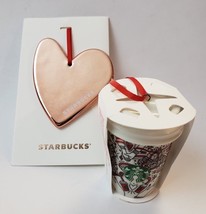 2 Starbucks Christmas Tree Ornaments Red Cup &amp; Rose Gold Heart Holiday 2017 New - £27.26 GBP