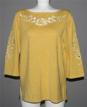 Bob Mackie Yellow Shimmery Metallic Threading Cut-Out Flowers Sweater Wm... - £27.96 GBP