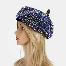 Women&#39;s Purple Artist Beret Sparkle Bling Shiny Sequins Beanie Party Hat Cap - £11.68 GBP