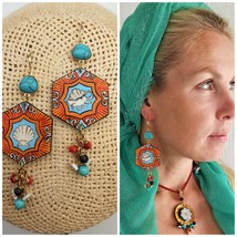 Wooden painted Shell art earrings. Greek Colorful Summer Beach Boho earrings - £39.10 GBP