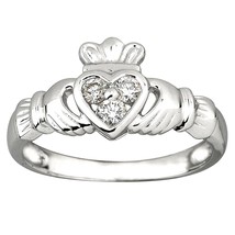 14K White Gold Plated Three-Stone 0.15CT Moissanite Claddagh Promise Heart Ring - $84.47